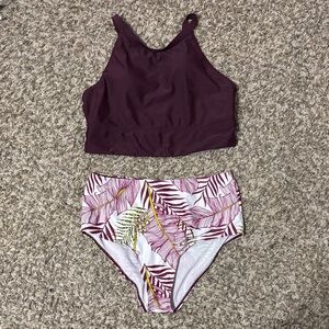 Burgundy High Neck Bikini Top with Leaf Print Bottoms